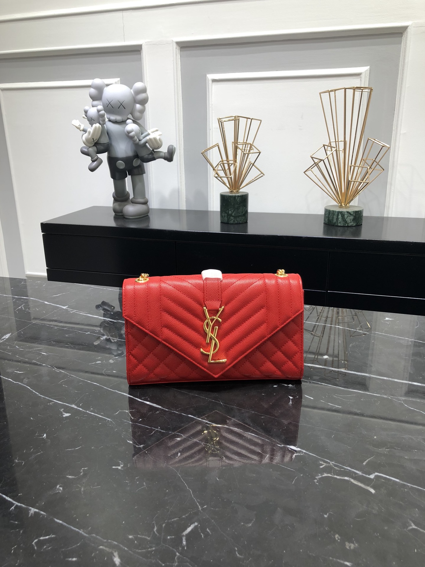 Saint Laurent Envelope Small Grain Quilted Calfskin Handbag Red 600195 